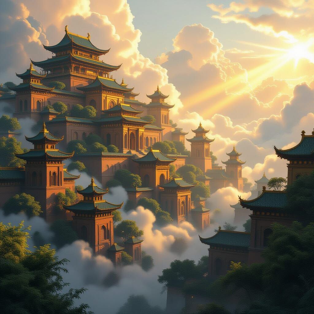 Ancient City in Clouds with Ethereal Mist