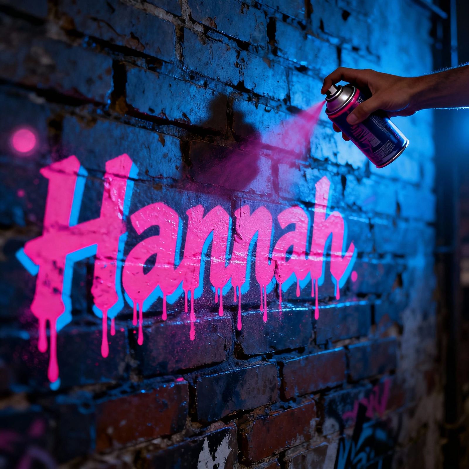 Neon Pink Graffiti Word 'Hannah' Sprayed on Brick Wall