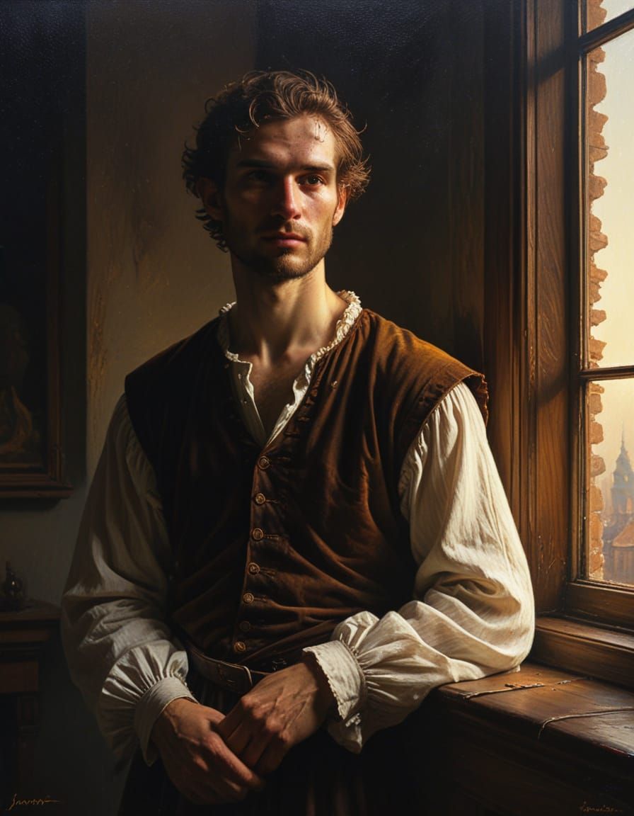 A Worn Intellectual in Shadows, Rembrandt-Inspired Oil Paint...