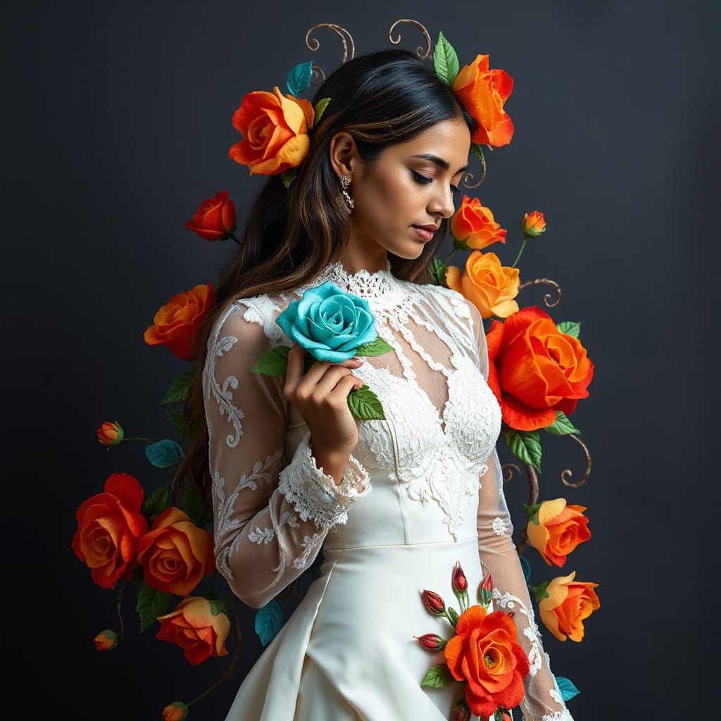 Indian Woman with Floral Halo and Turquoise Rose