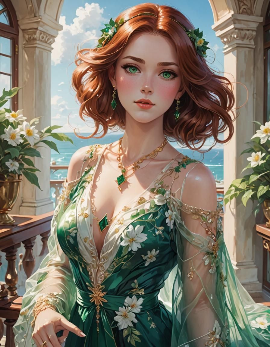 Elegant Princess on Balcony in Vibrant Anime Style