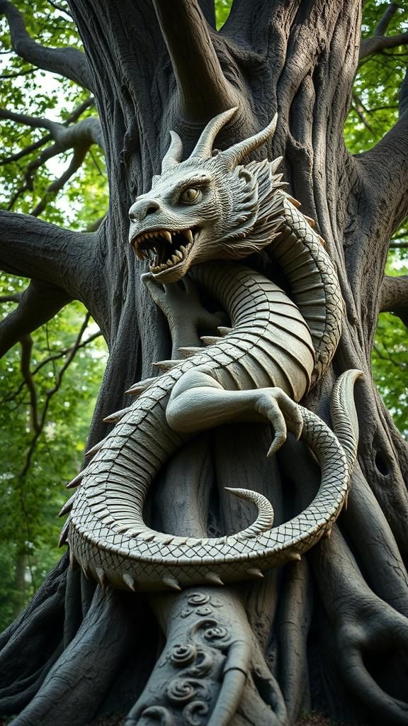 Detailed Dragon Carving Around a Living Tree