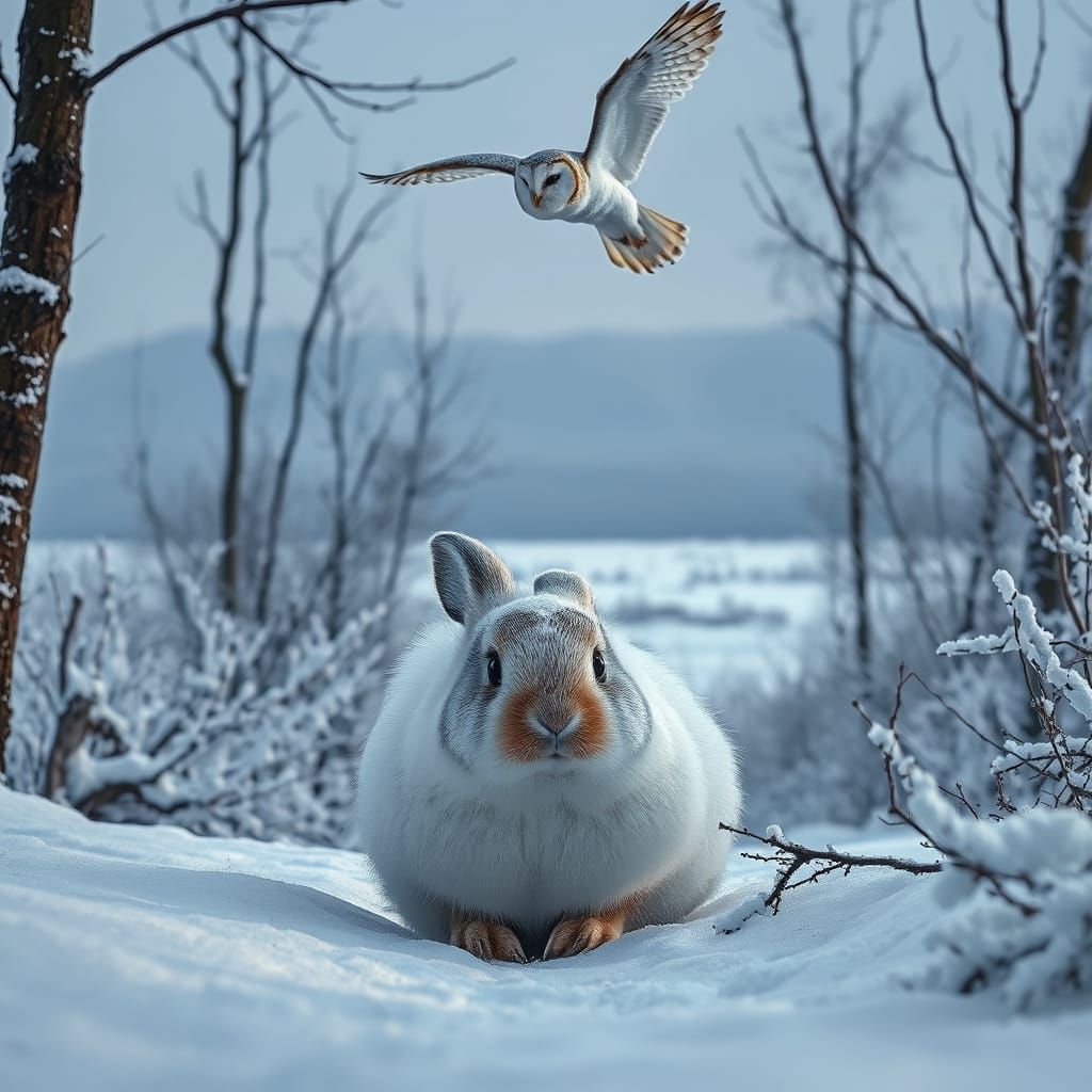 Snow Rabbit Hides from Barn Owl in Winter Landscape
