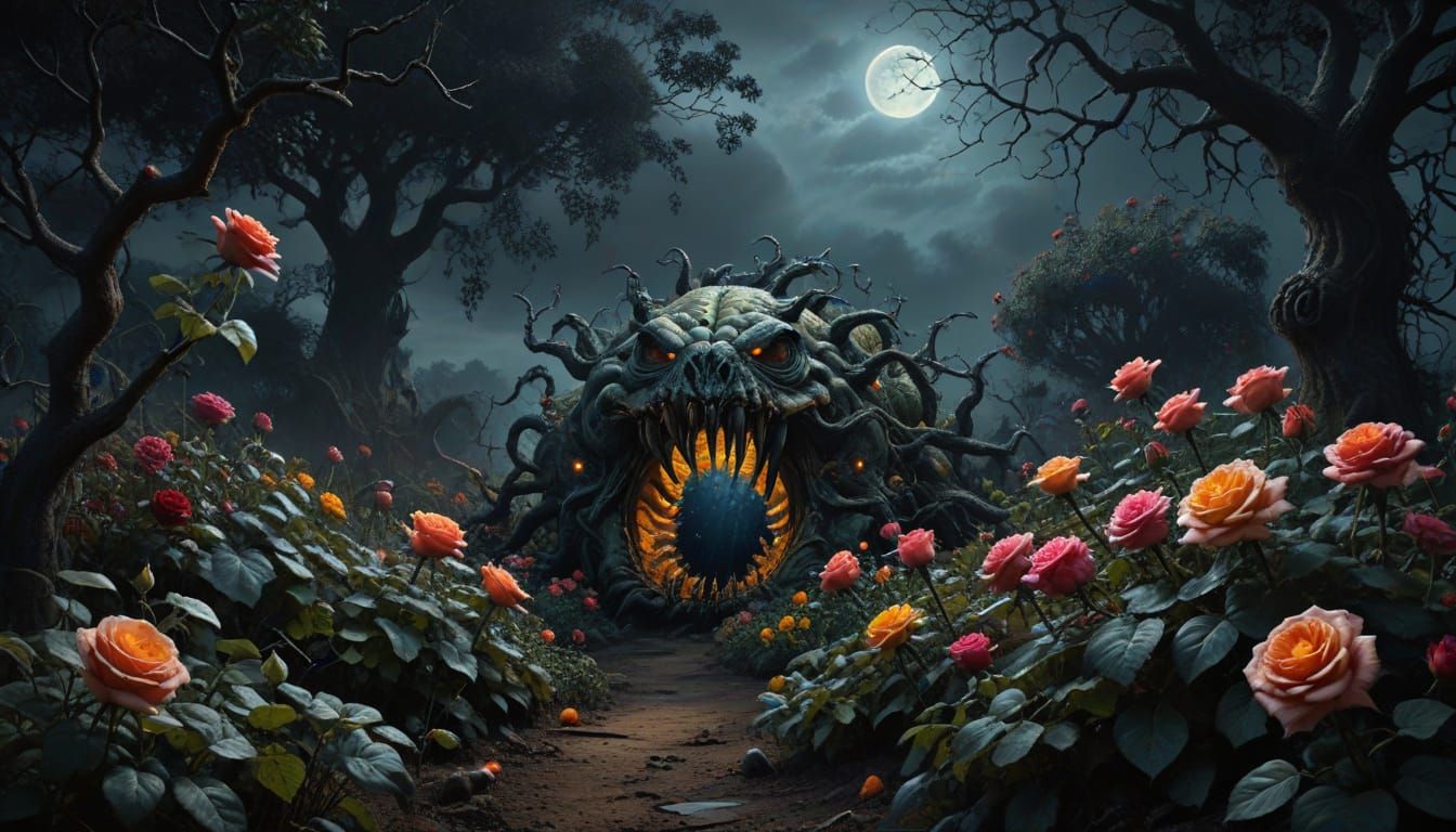 Creepy Garden Guardian in Gothic Oil Painting Style