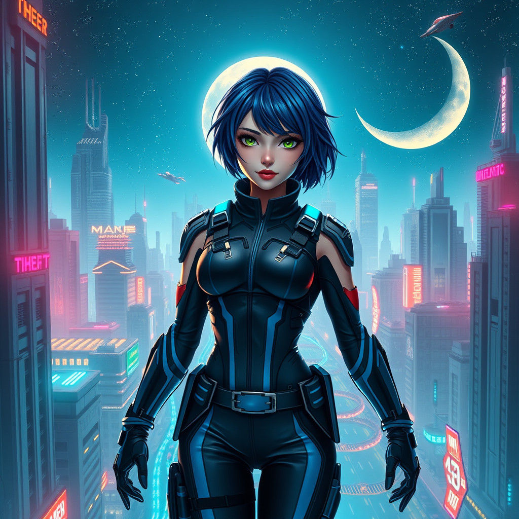 Sci-Fi Girl in Cyberpunk Cityscape at Night