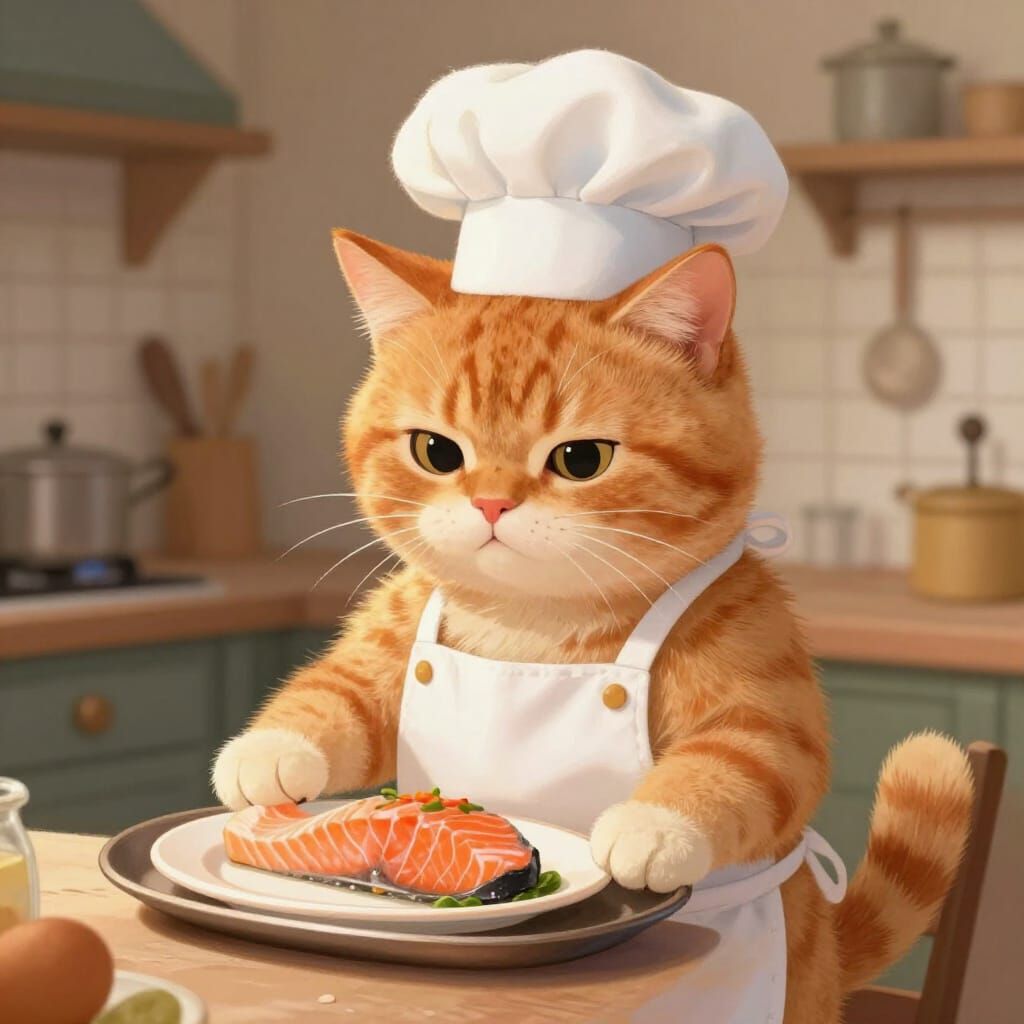 Cute Cat Chef Serves Salmon in Rustic Kitchen