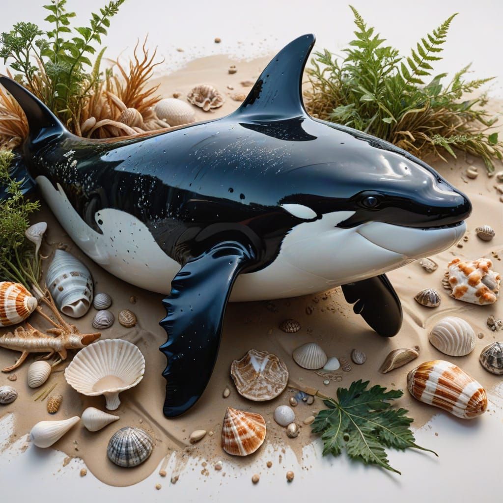 Close up Orca, seaweed, shells, sand, watercolor, white back...