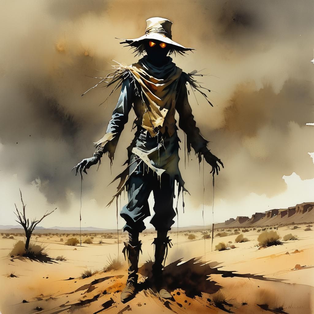 Whimsical Scarecrow in Desert, Watercolor Comic Art