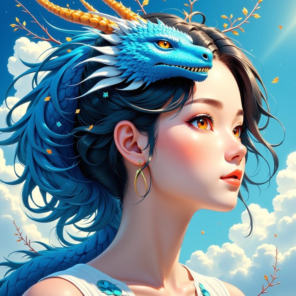 Woman's Portrait with Blue Dragon and Nature Elements