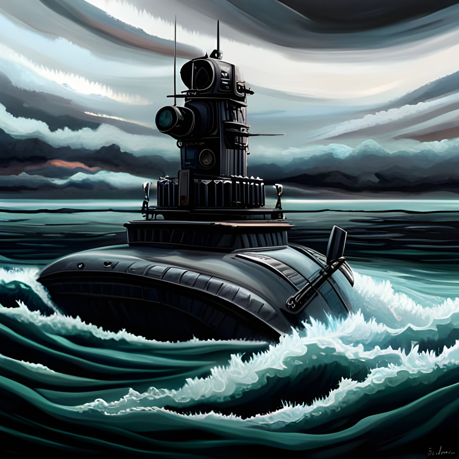 Military Submarine in Synthwave Oil Painting