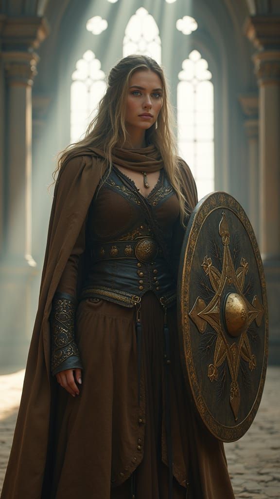 Regal Shield-Maiden in Nordic Garb, Majestic Atmosphere
