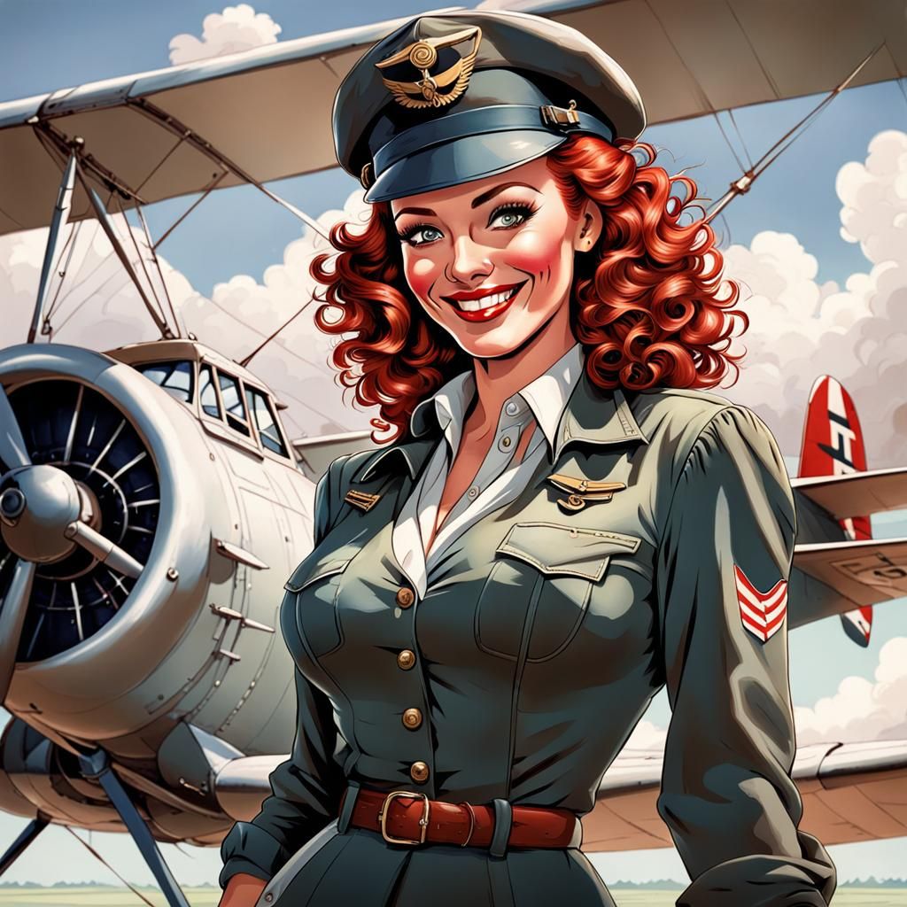 Red-Haired Pilot Portrait in Comic Style