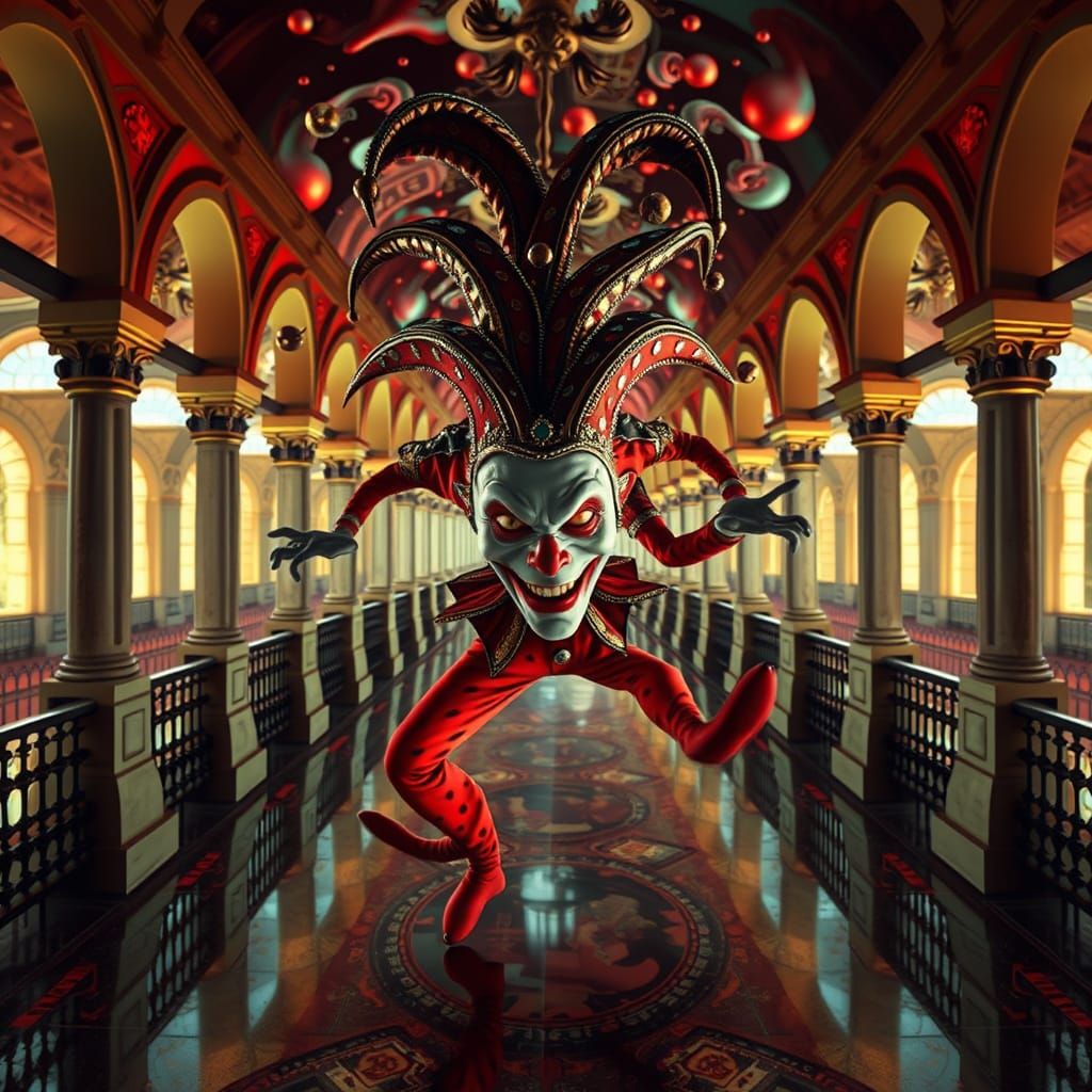 Infinite Jester Droste Effect in Surreal Mirrored Halls
