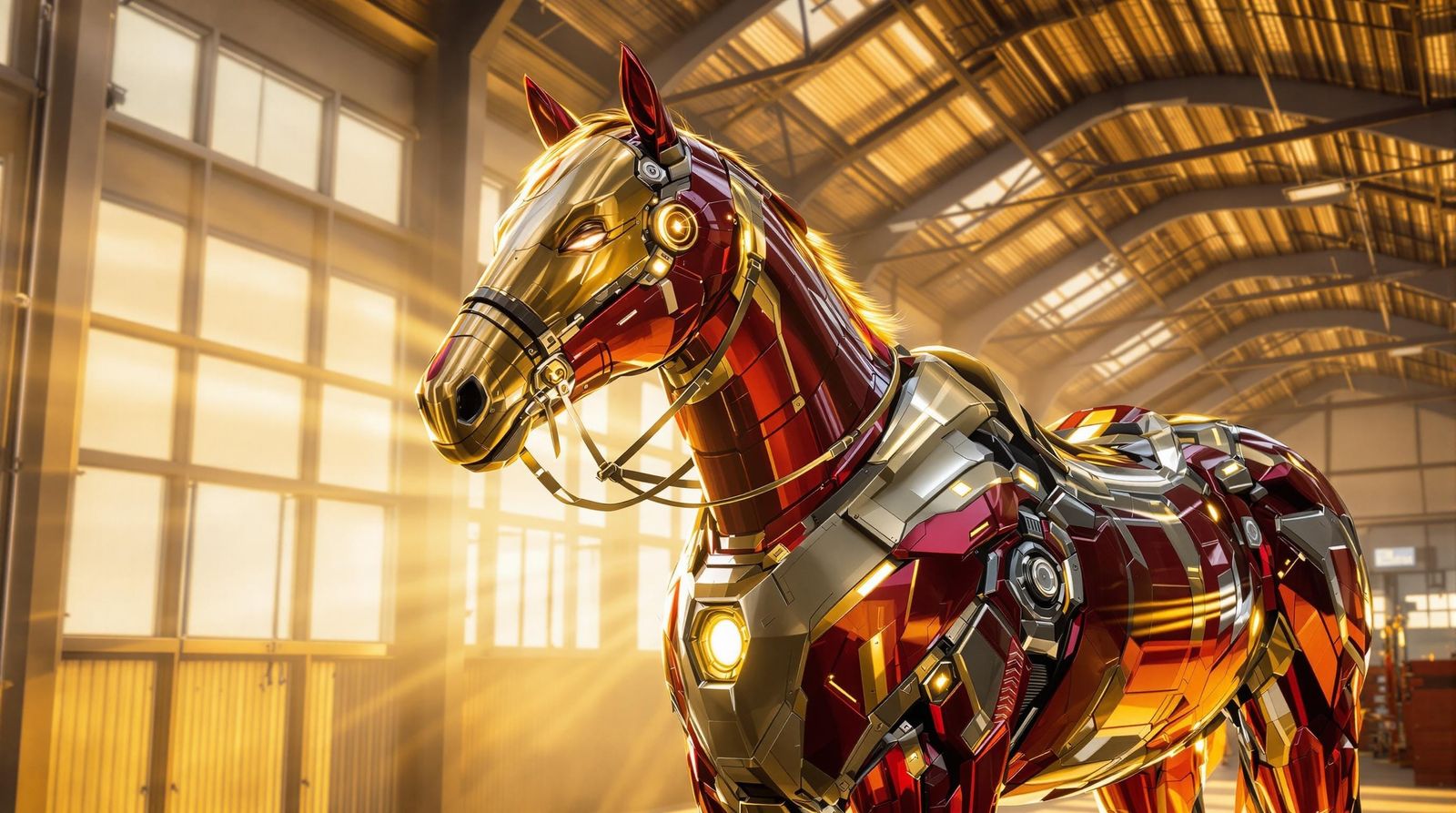 Realistic Horse Dressed as Iron Man in High-Tech Barn