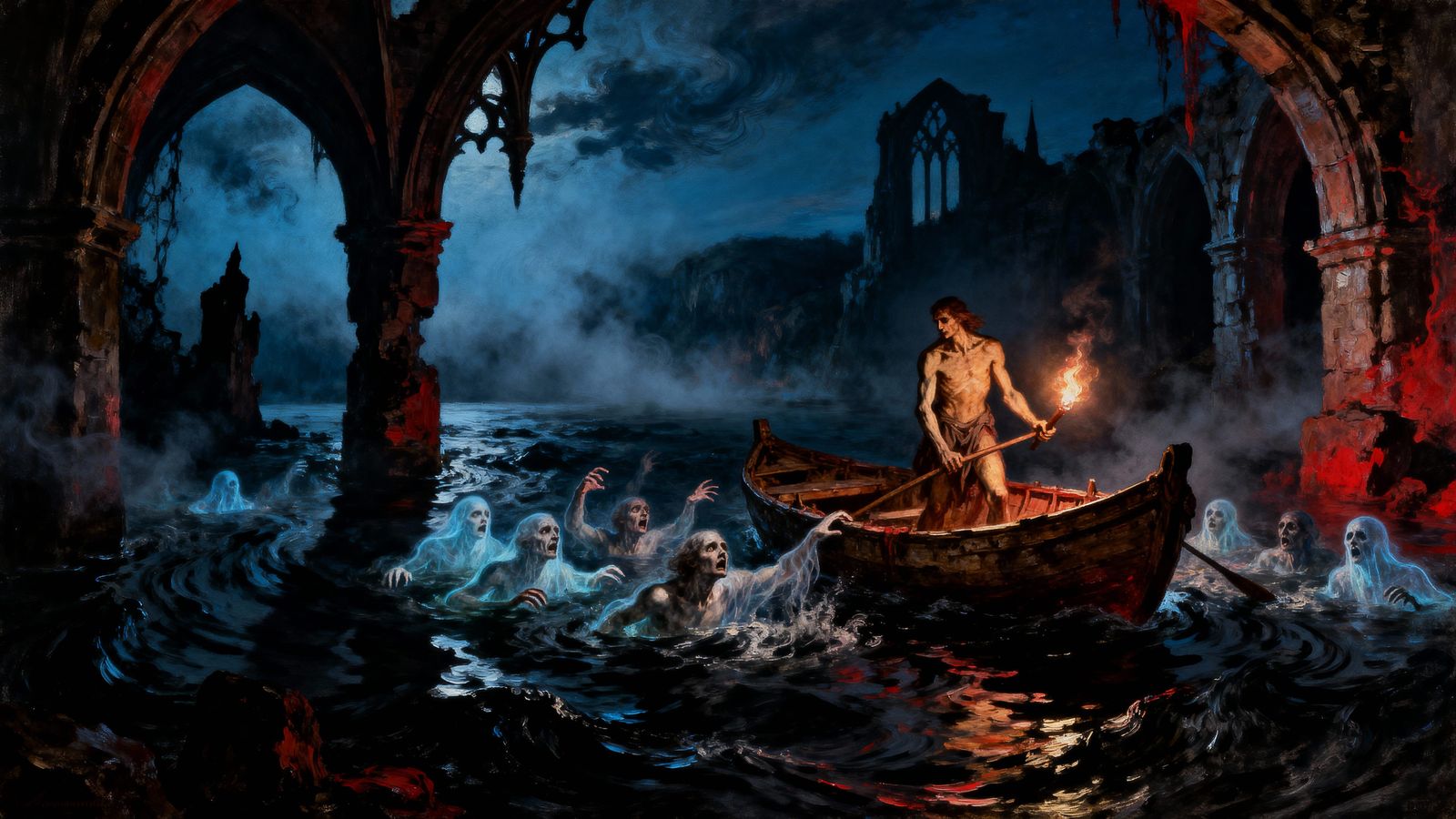 baroque oil painting of The River Styx