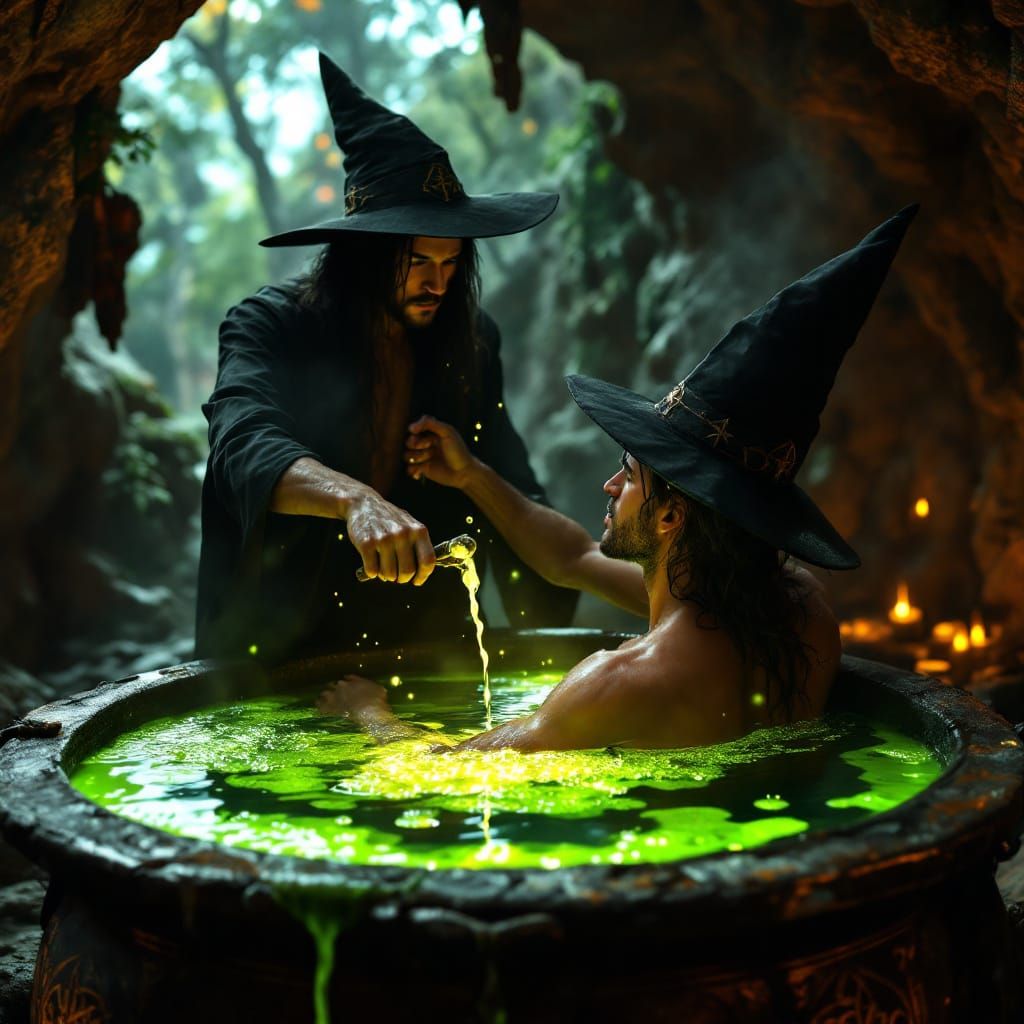 Two Witches Casting Spell Over Romantic Couple in Cave