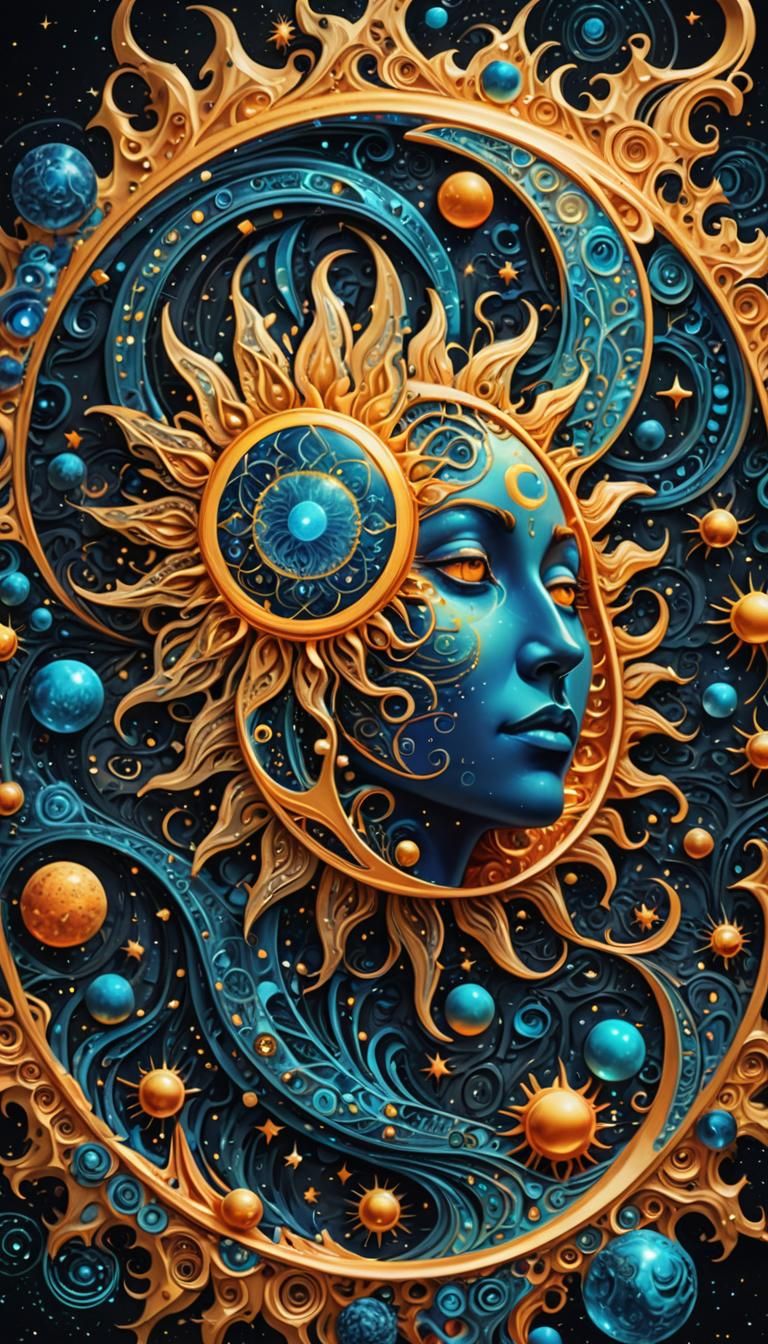 Bioluminescent Sun Moon Astrology in Cosmic Illustration