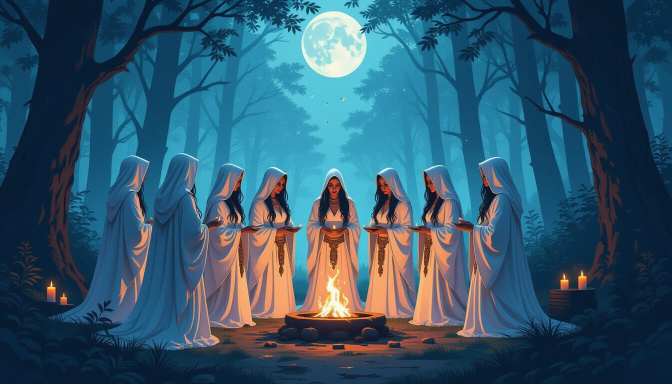 Mystical Voodoo Priestesses Gathering in Forest