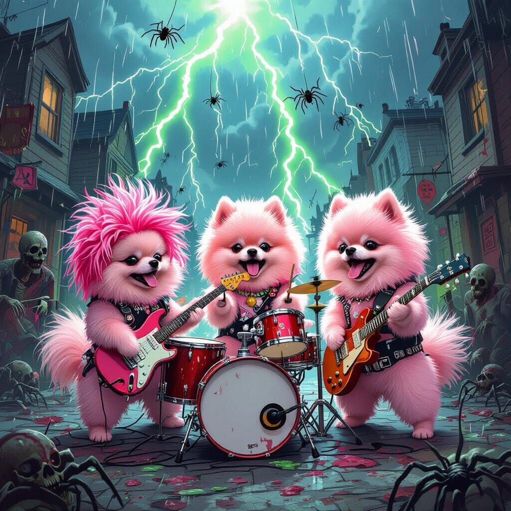 Punk Pomeranians Rock Out on Spooky Zombie Street
