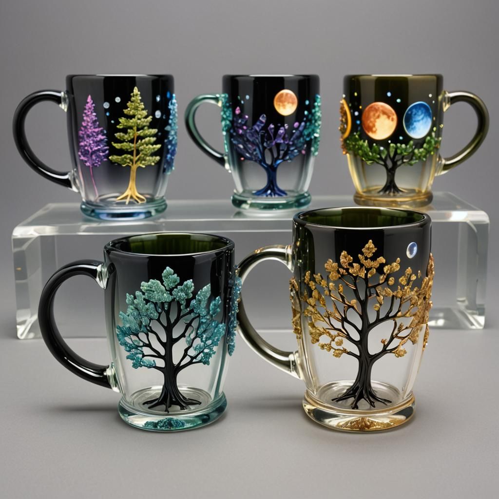 Iridescent Moon Phase Trees in Crystal Coffee Mugs