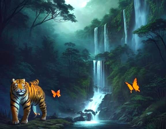 Tiger in Forest Waterfall Scene in Epic Cinematic Style