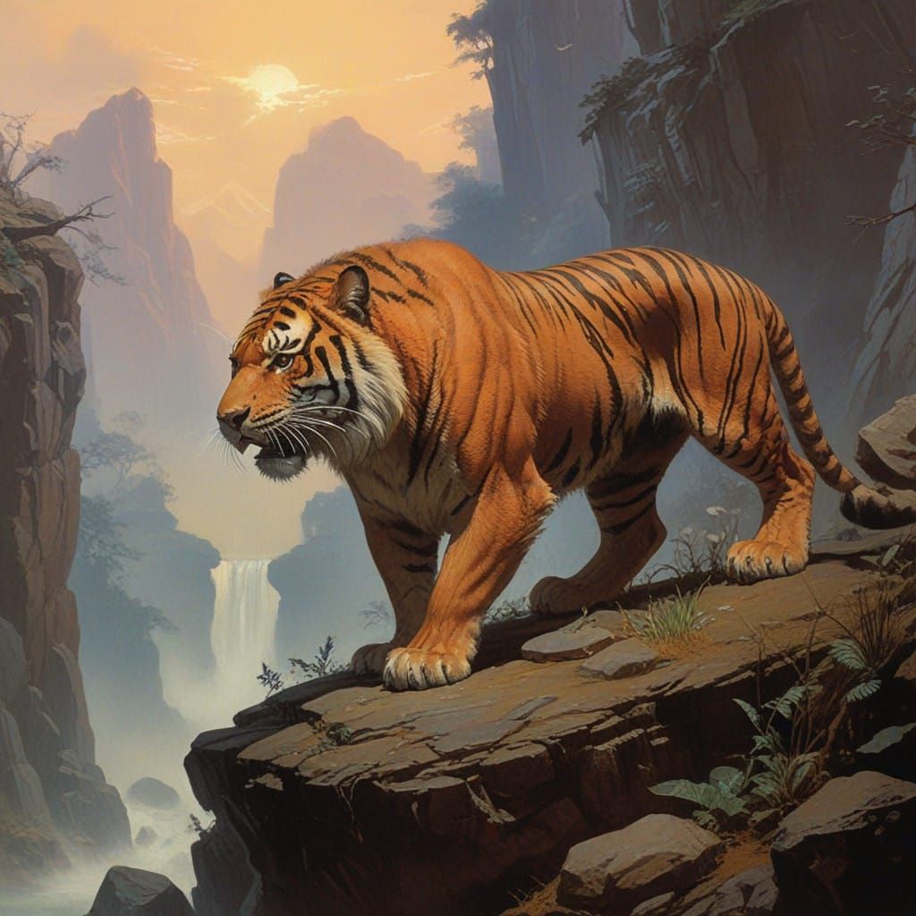 Surreal Sabertooth Tiger in a Misty, Icy Landscape
