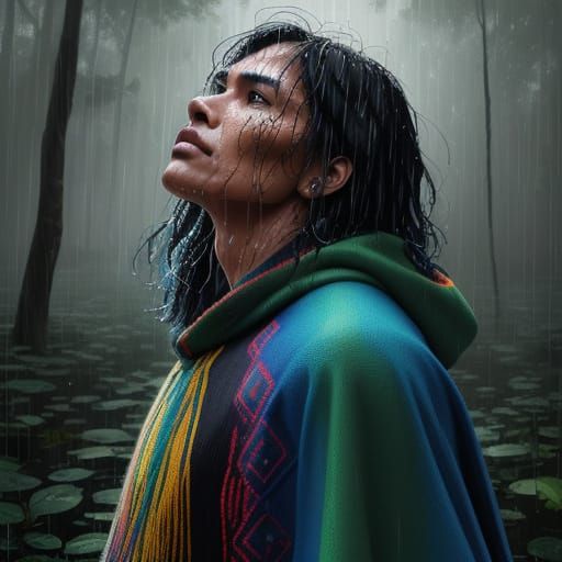 Indigenous Latin American in Poncho, Rainy Forest Portrait