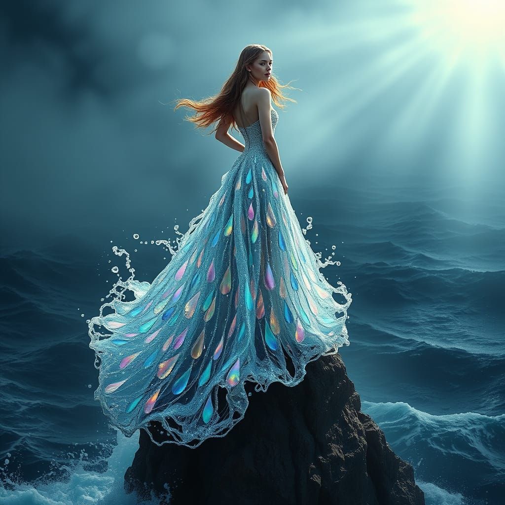 Majestic Waterwoman in Iridescent Gown Above Turbulent Sea