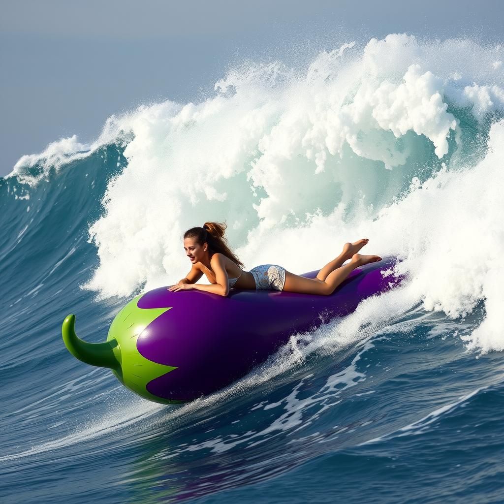 Woman Rides Eggplant Pool Toy on Huge Wave