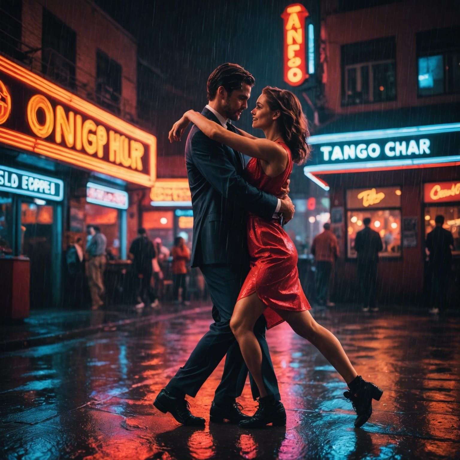 Tango in the Rain Under Neon Lights