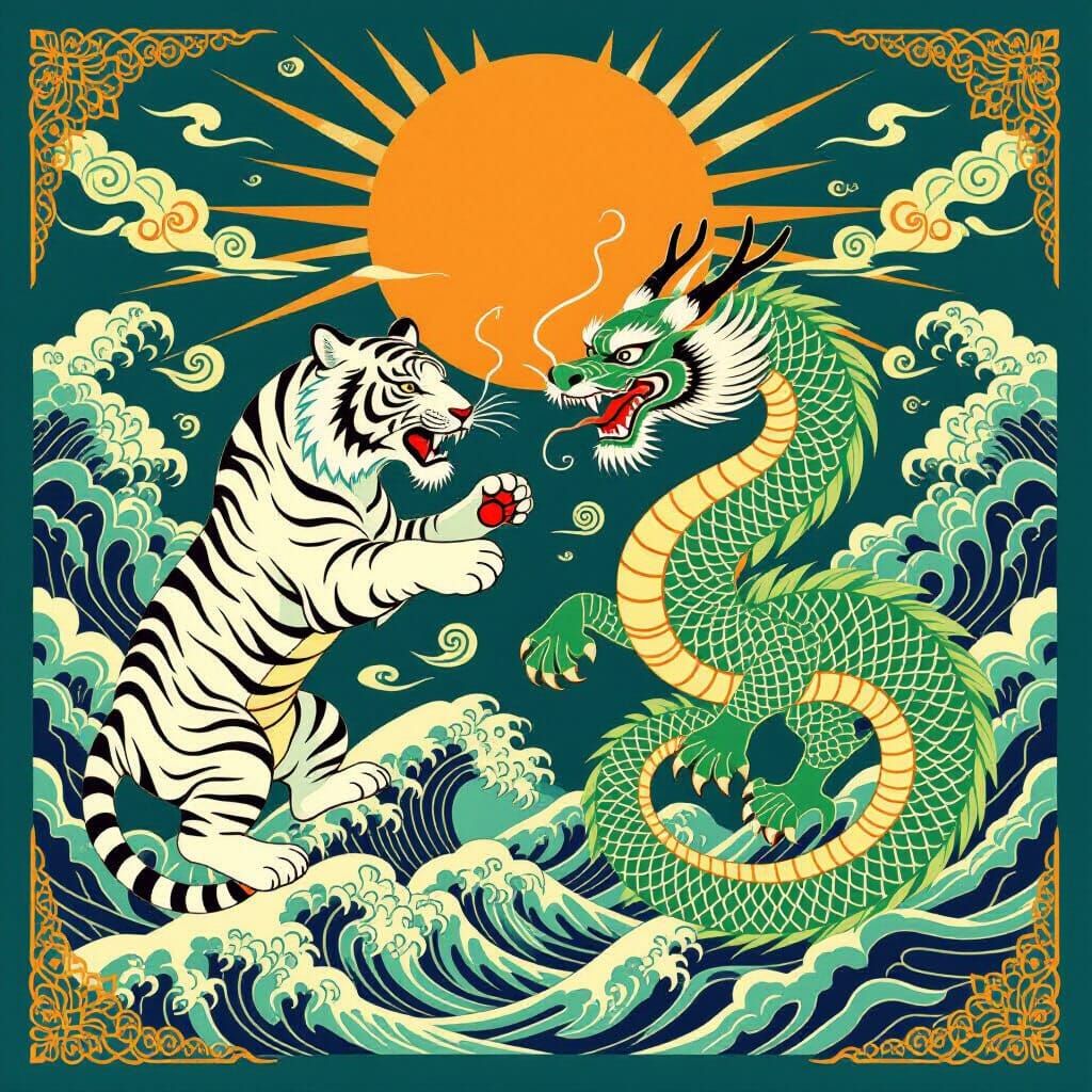 White Tiger & Green Dragon Yin-Yang Combat in Ukiyo-e Style