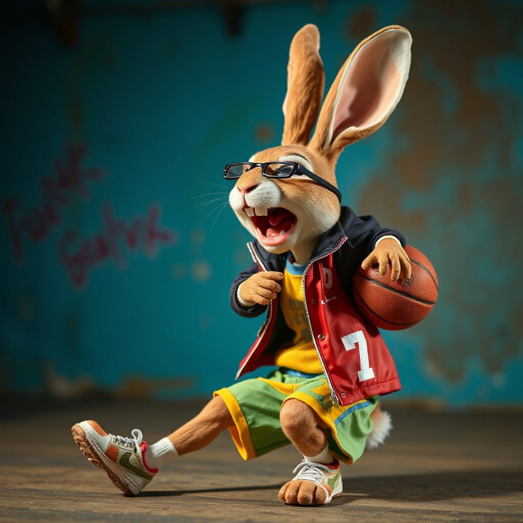 Claymation Rabbit in K-Pop Outfit Laughing