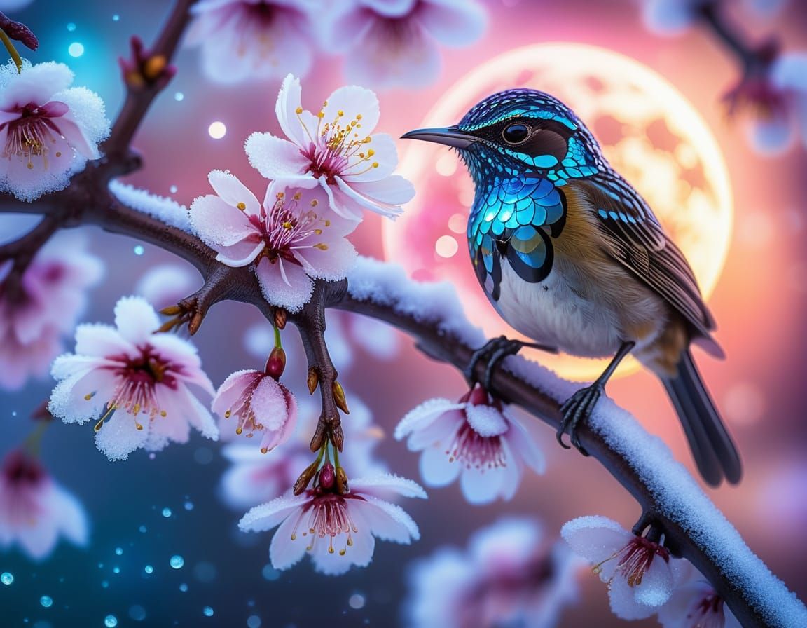 Elegant Alien Songbird on Iridescent Cherry Blossoms in Cele...