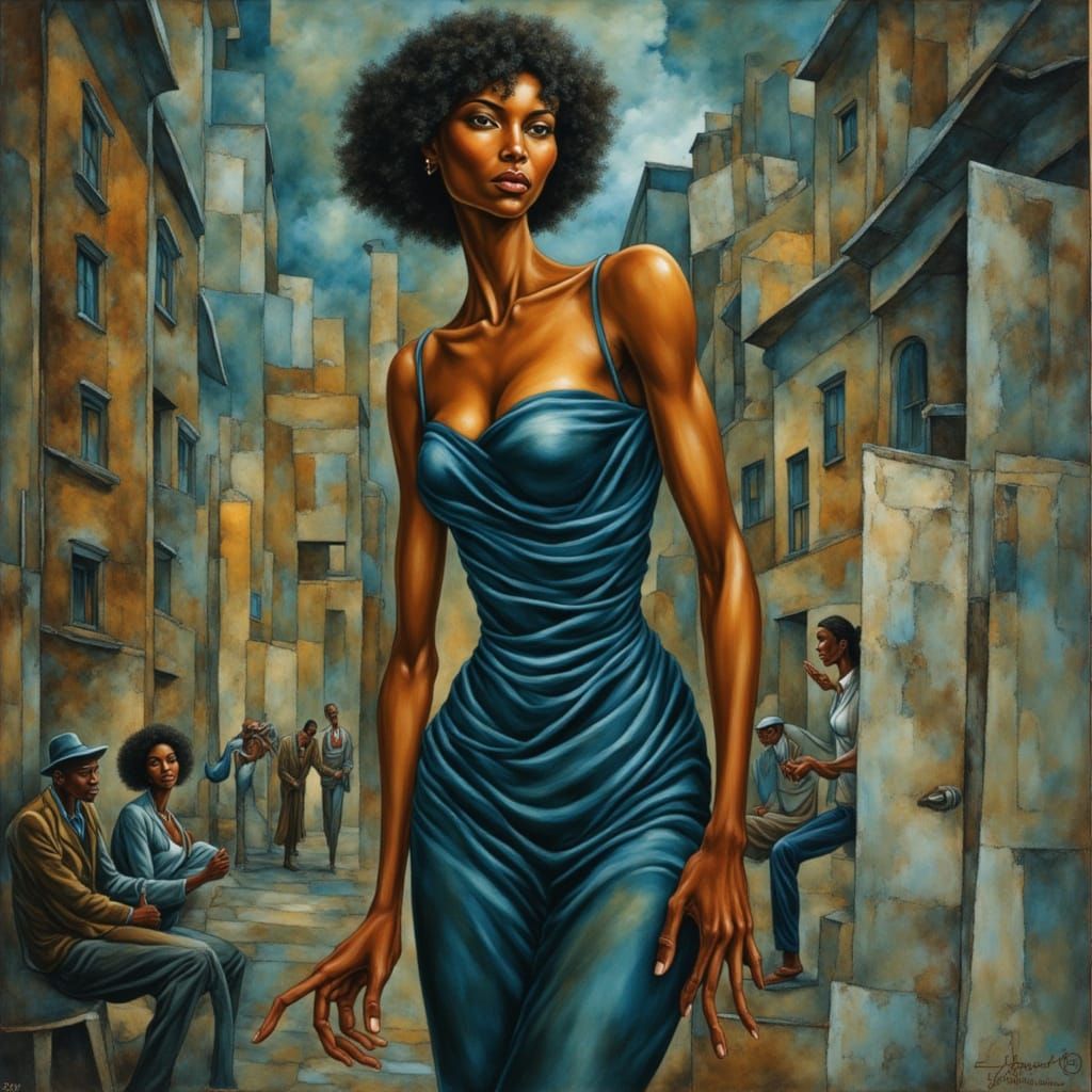 1950s Pin-Up Woman in Blue Dress as Oil Painting