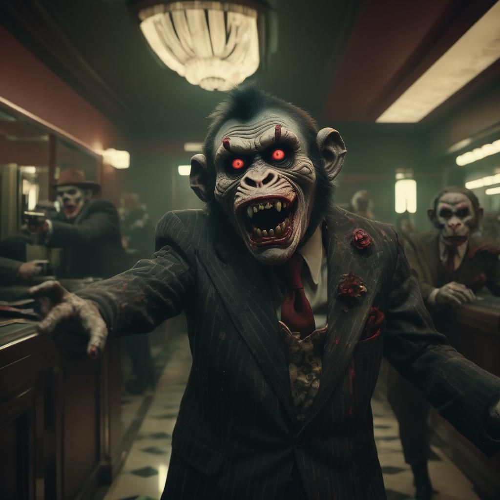 Zombie Monkey Clowns Robbing Bank in Film Noir Style