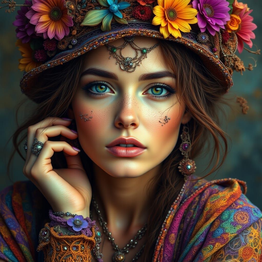 Hyperrealistic Bohemian Woman in Vibrant Colors
