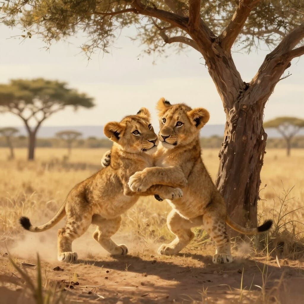 Lion Cubs Play Under Acacia Tree in Golden Light
