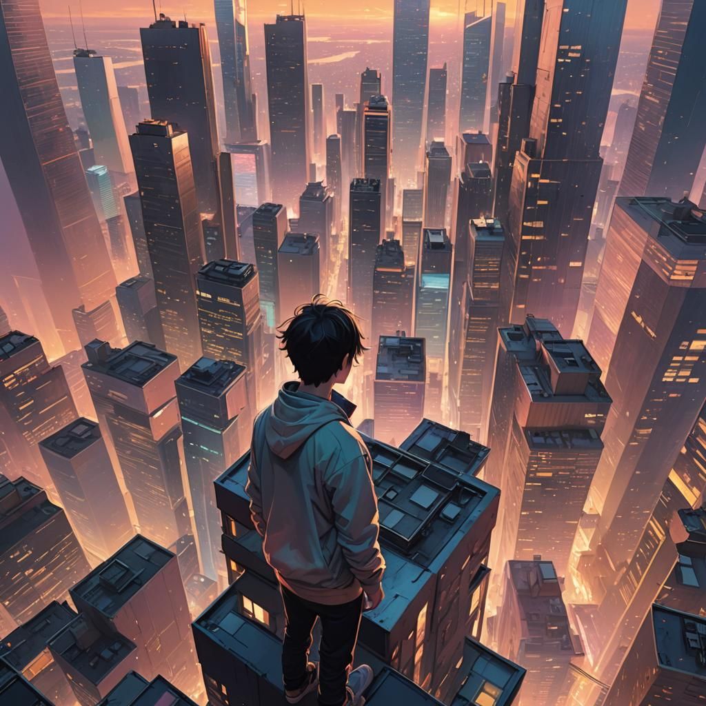 Rooftop View of City at Sunset in Anime Style
