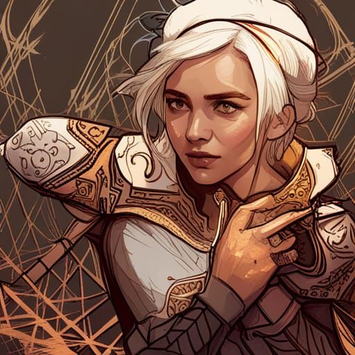 Detailed Digital Painting of Ciri with Golden Outlines