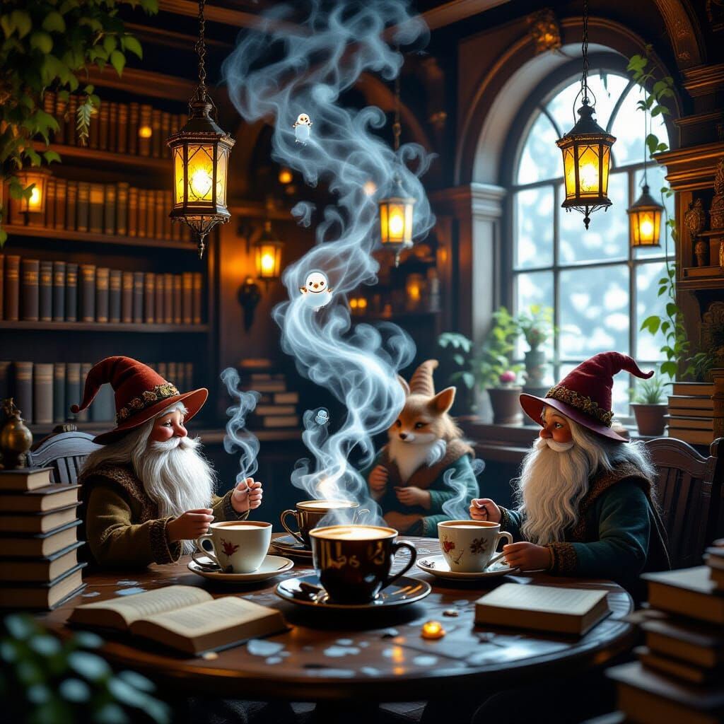 Enchanted Cafe with Sprite Steam and Floating Lanterns