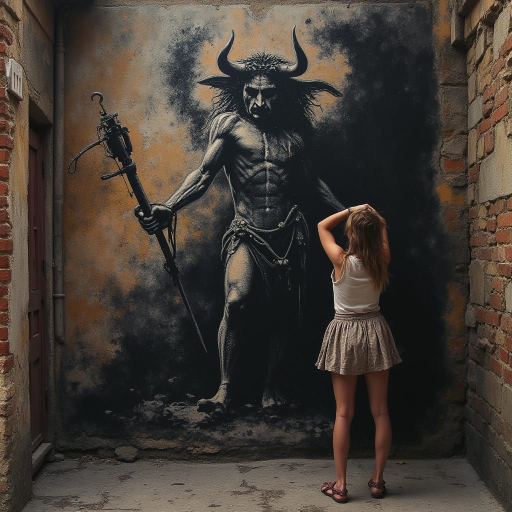 Banksy Style: Woman in Labyrinth with Minotaur