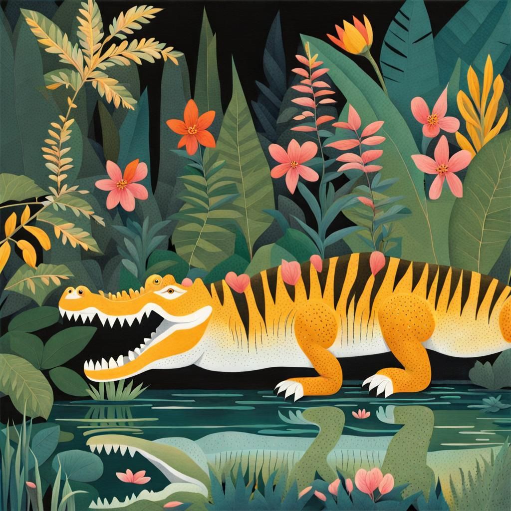 Jungle Encounter: Crocodile and Tiger by Pond