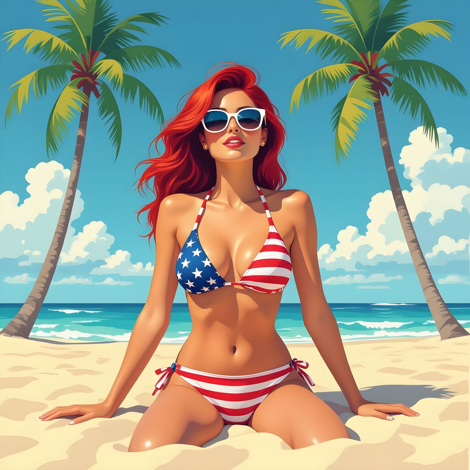 Redhead in American Flag Bikini on Beach
