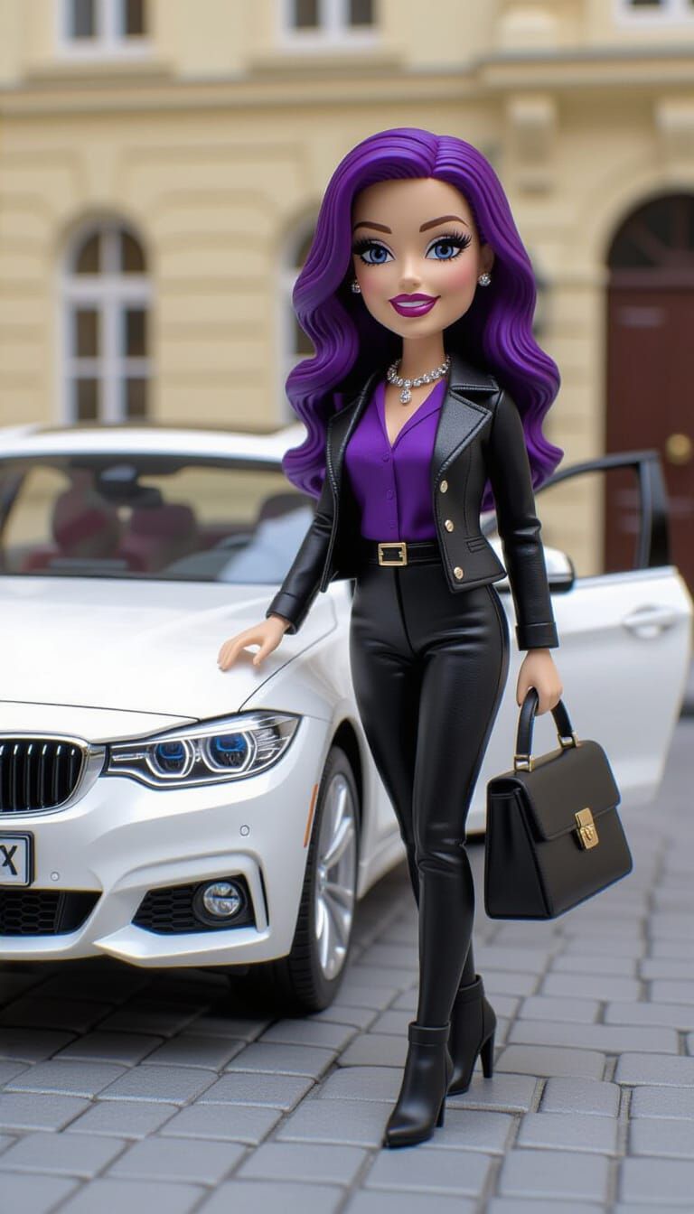 3D Figurine of Woman with Purple Hair and BMW