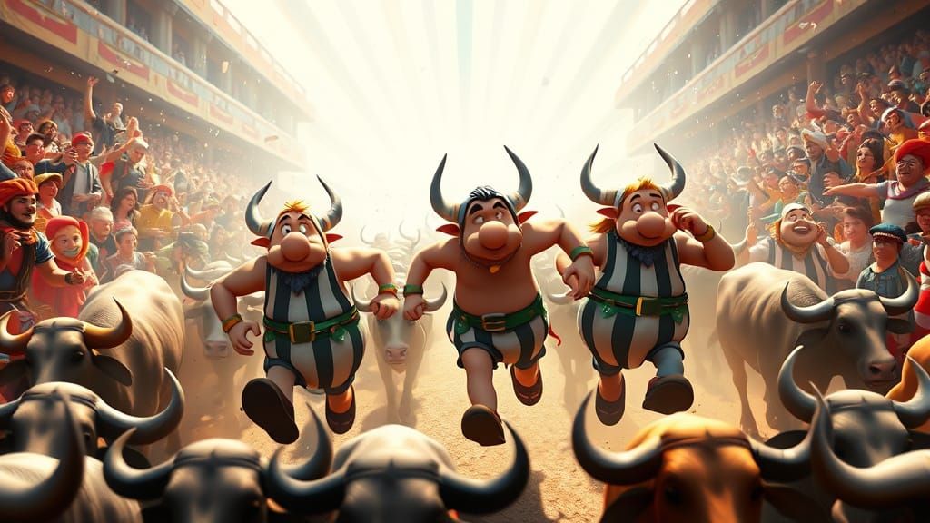 Asterix and Obelix Run With Bulls, 3D Rendered