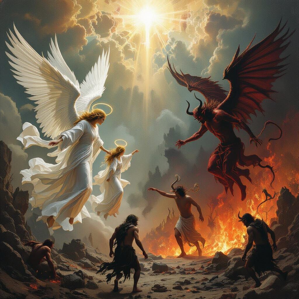 Epic Battle Between Angels and Demons in Apocalyptic Mural