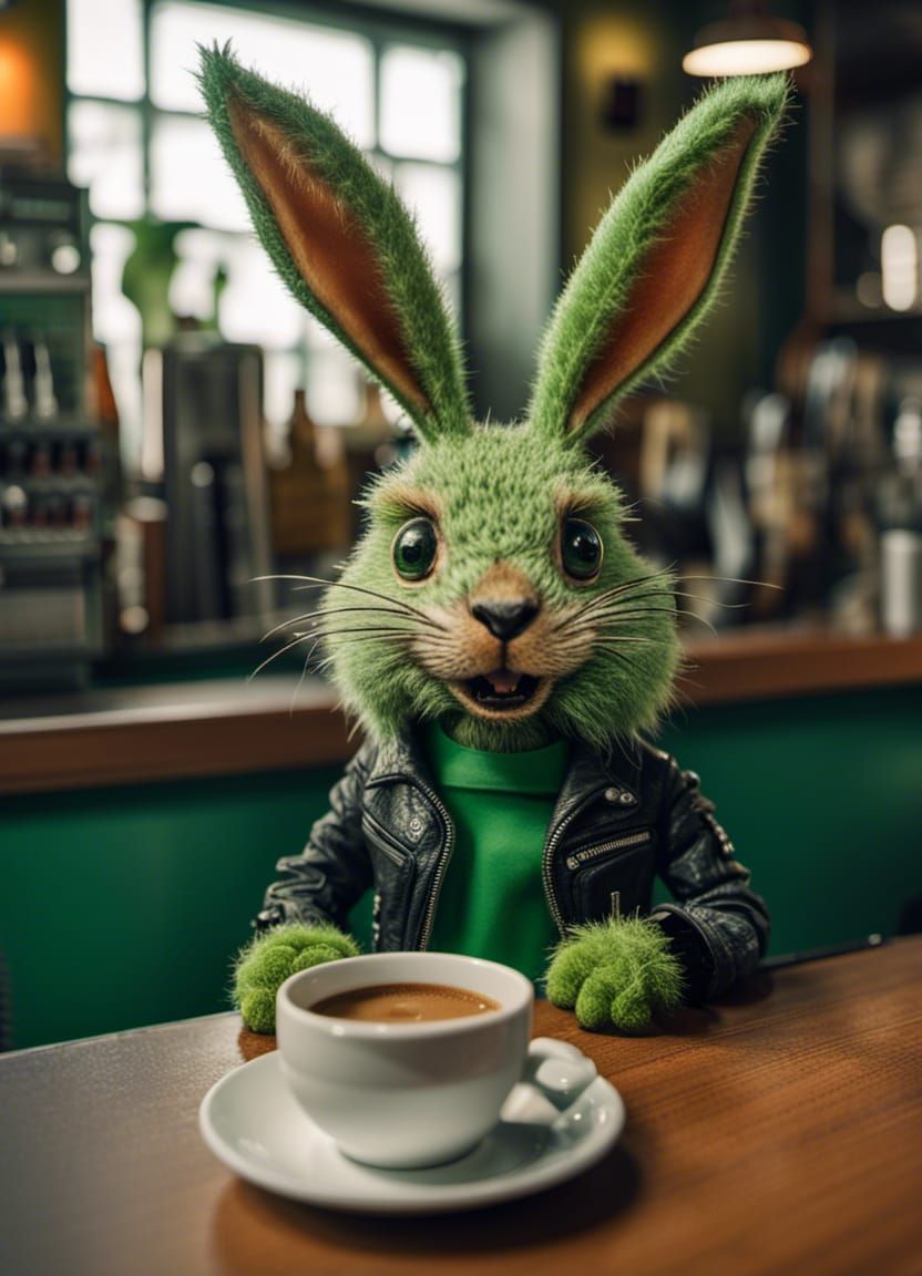 Happy punk hare having a coffee break!