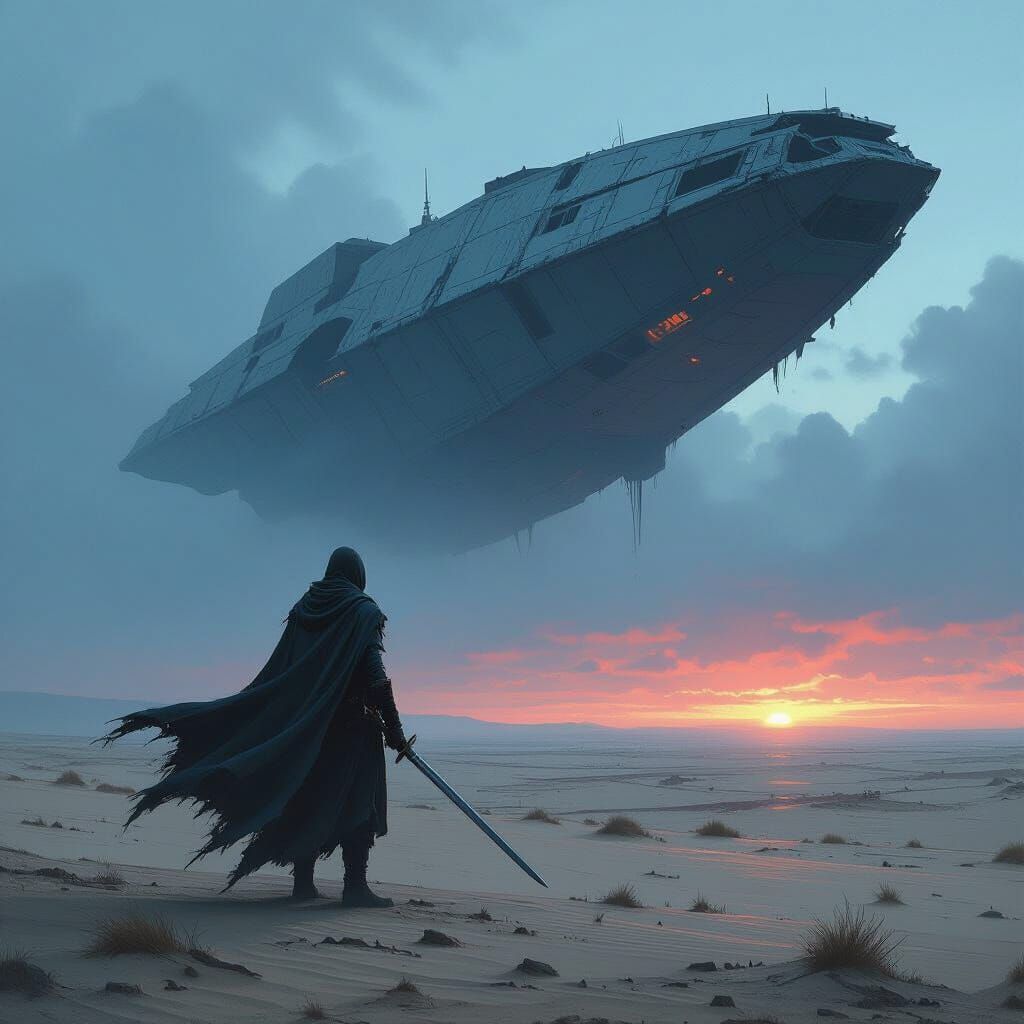 Lone Swordsman Meets Giant Spaceship on Windswept Plain