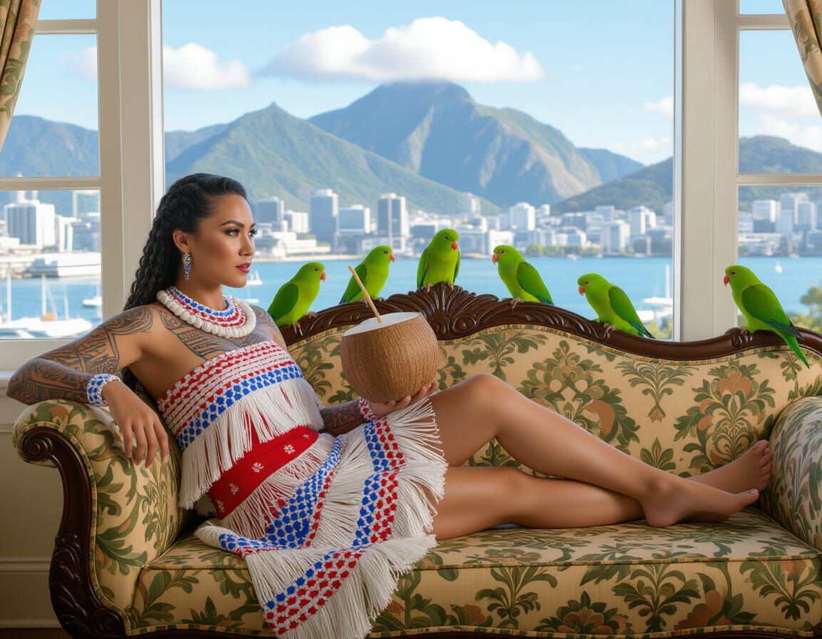 Polynesian Woman with Parrots in Wellington