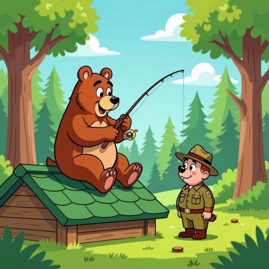 Yogi Bear Fishing on Park Ranger's Roof in Hanna-Barbera Sty...